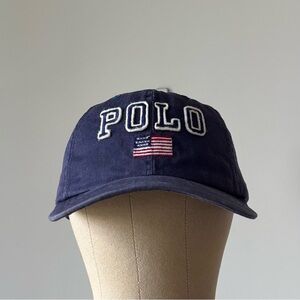 Vintage Polo Sport Made in USA Spellout Flag Hat Navy Blue Logo 90s Strapback